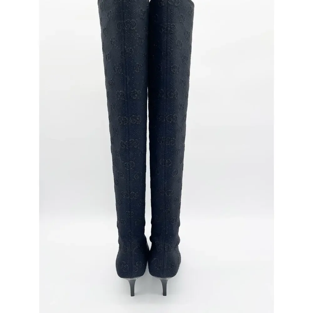 Gucci Demi Black GG Logo Metallic Stretch Knit Over-the-Knee Sock Boots IT 39.5